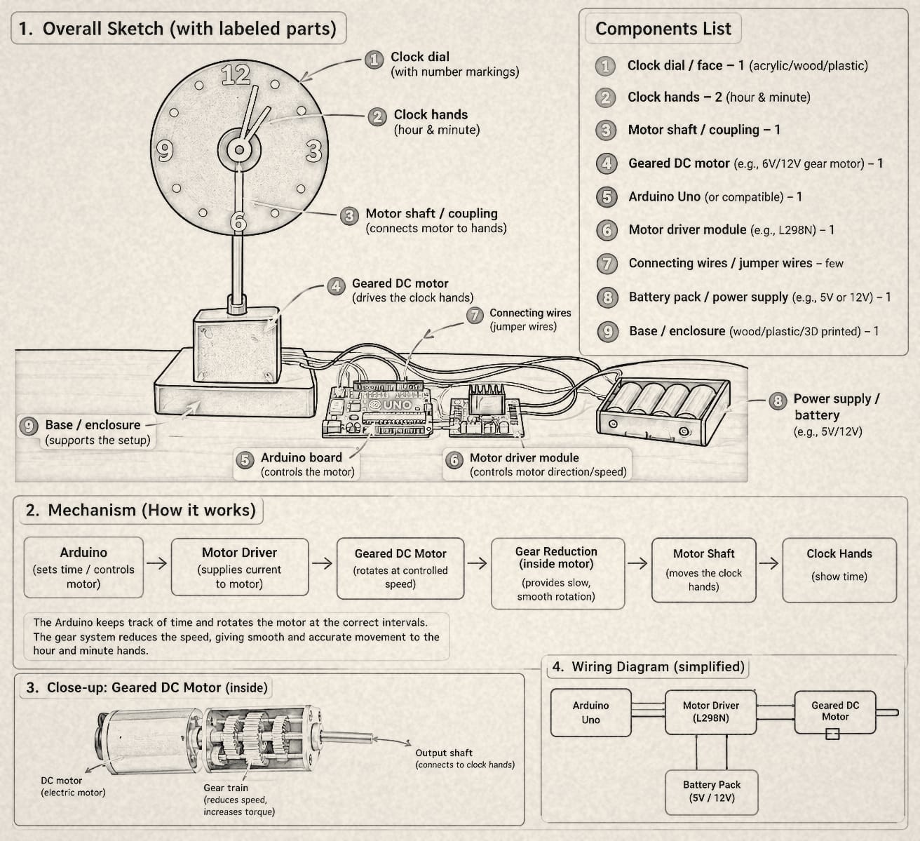 Original Arduino and geared DC motor clock schematic with components and wiring.