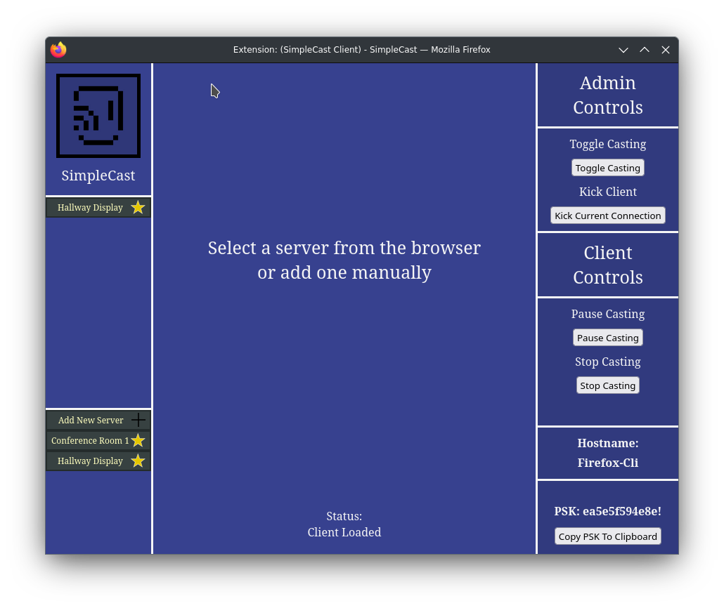 The open screen of the simplecast client, showing one discovered server, and two favorited servers.