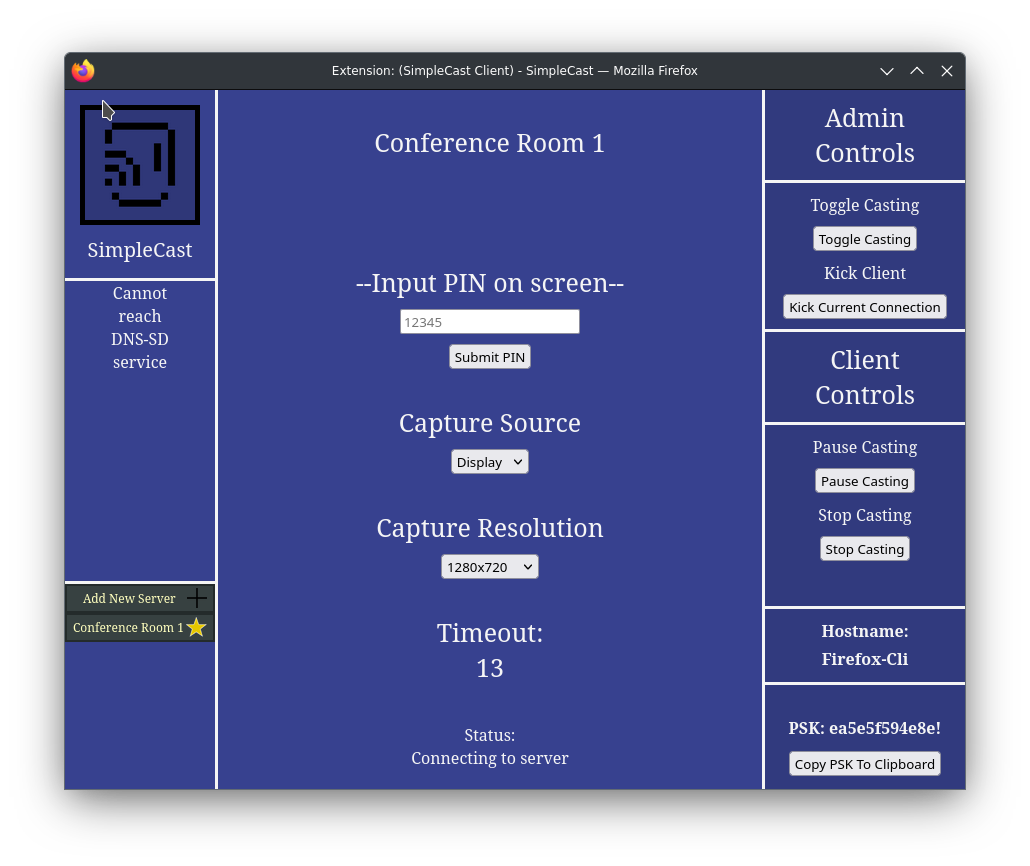 The connecting screen of the simplecast client, showing a textbox to enter the pin