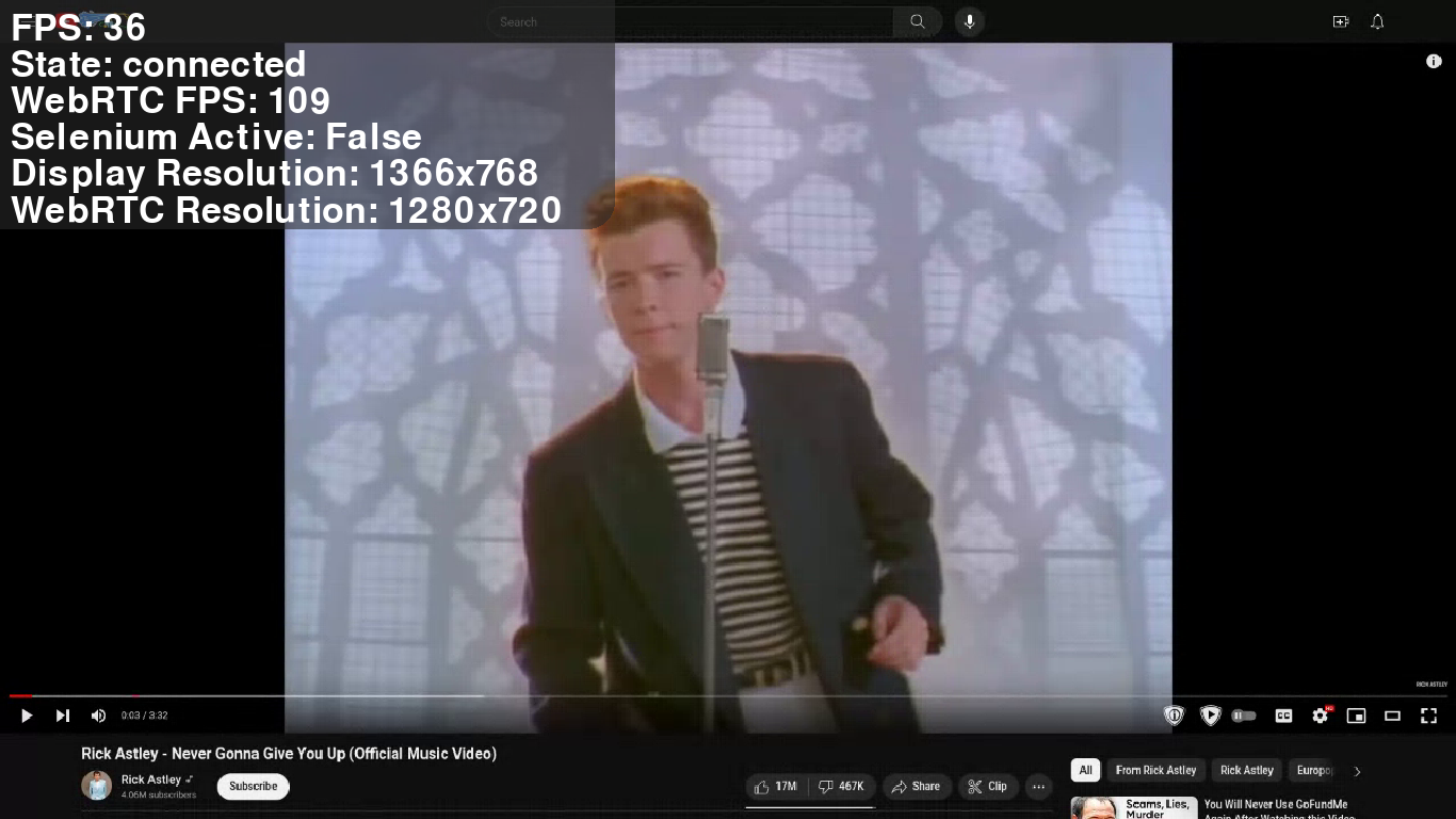 The connected screen of the simplecast server, shoiwng debug info, you just got rick rolled