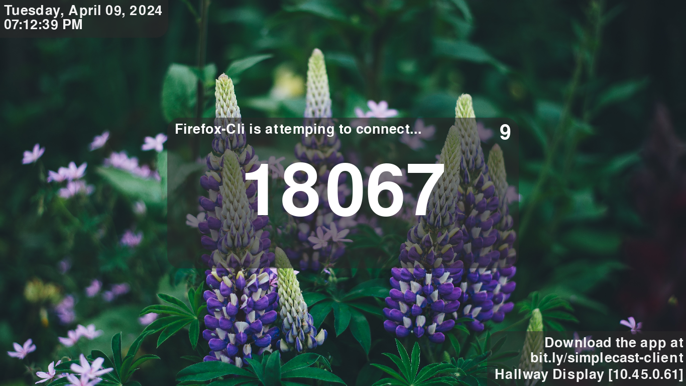 The connecting screen of the simplecast server, showing a pin of 18067, background is of lavander