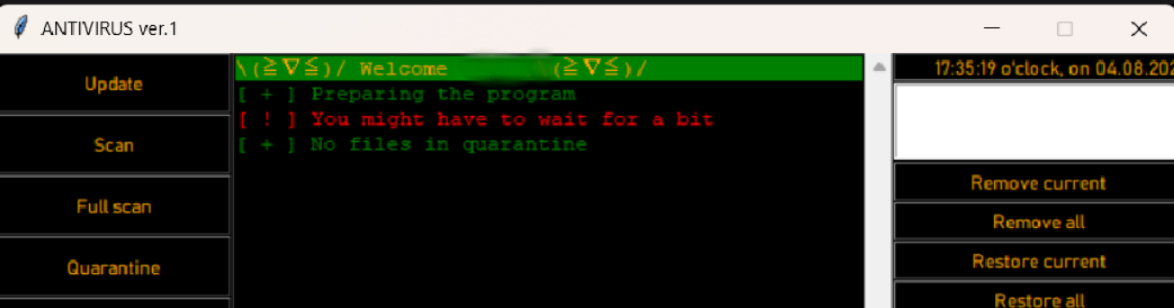image showing quarantine menu on the right side of program.