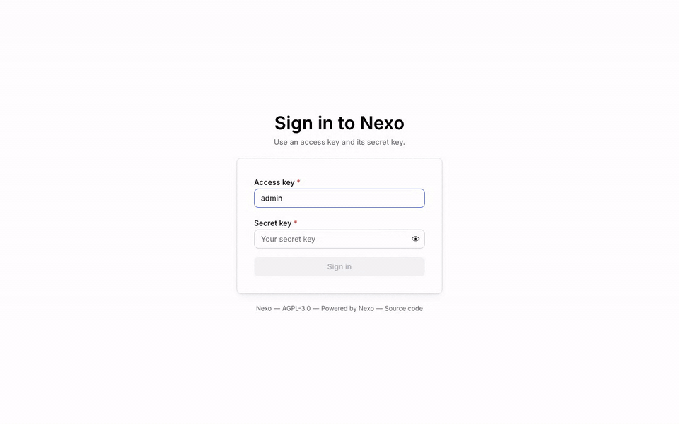 Demo of the Nexo console: sign in, create a versioned bucket, upload photos, preview one and create a share link