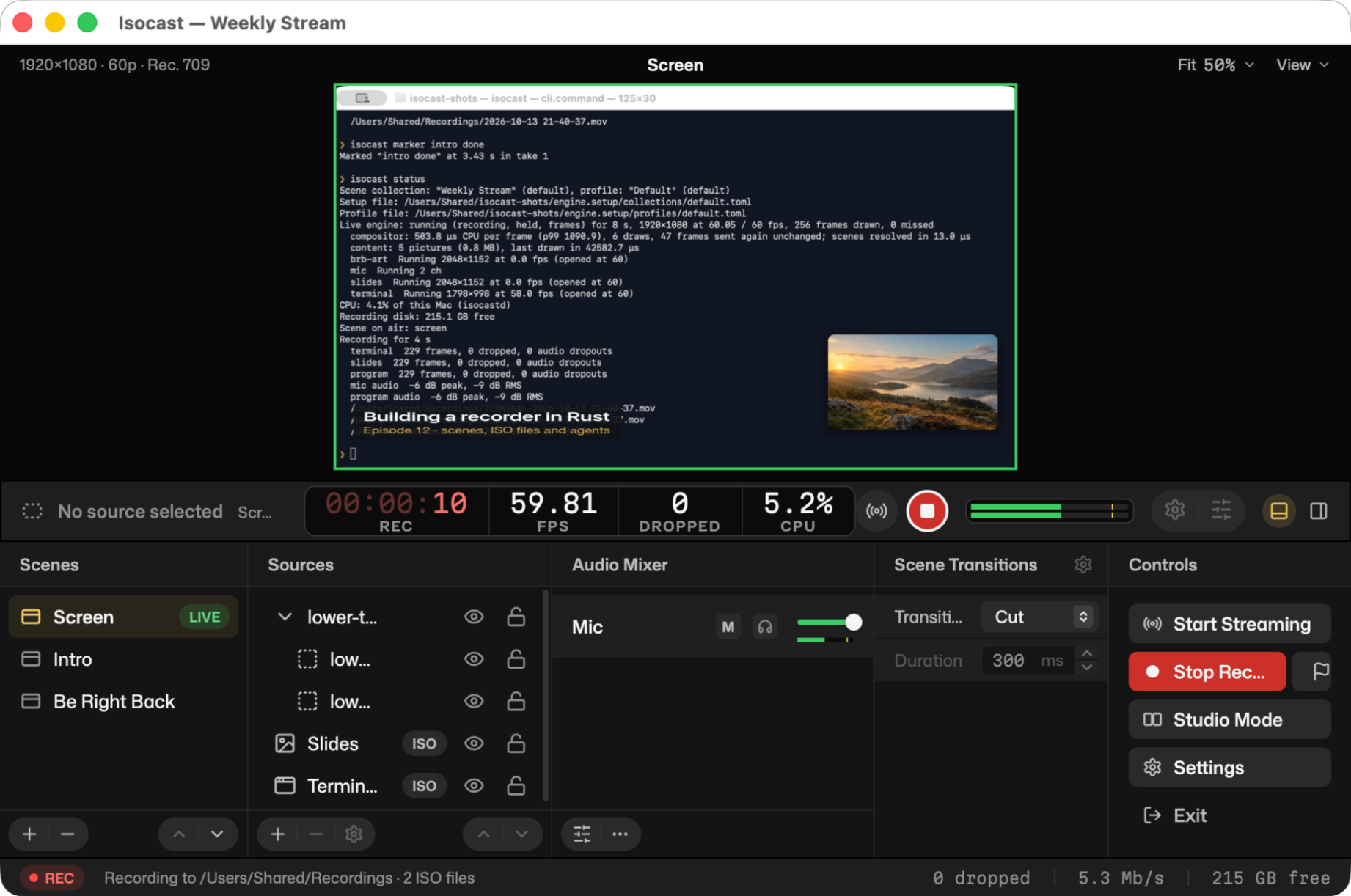 Isocast recording a scene: a terminal, a picture-in-picture and a lower third, with the audio mixer and controls below