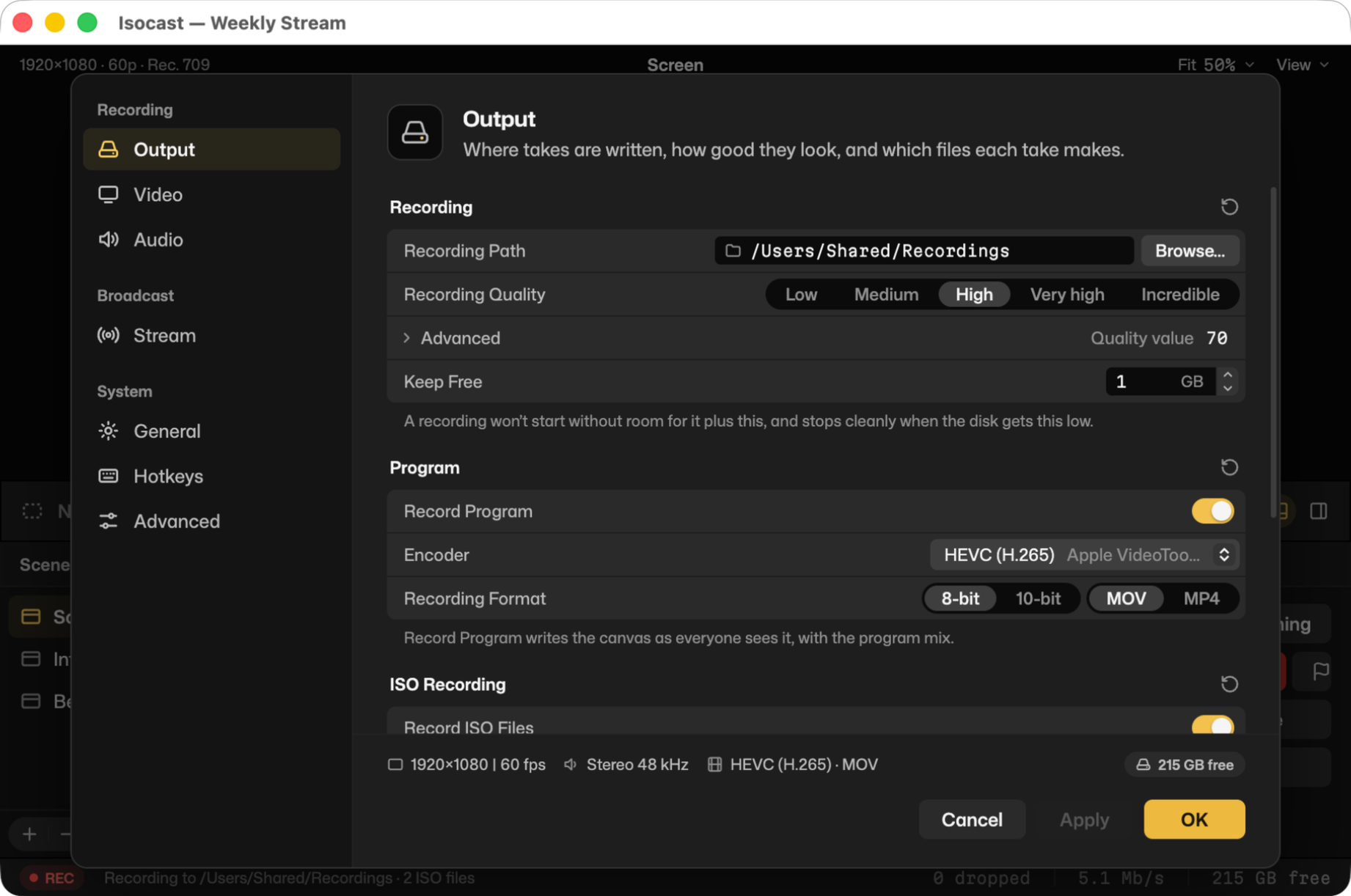 The Output settings: recording path, quality presets, program and ISO recording