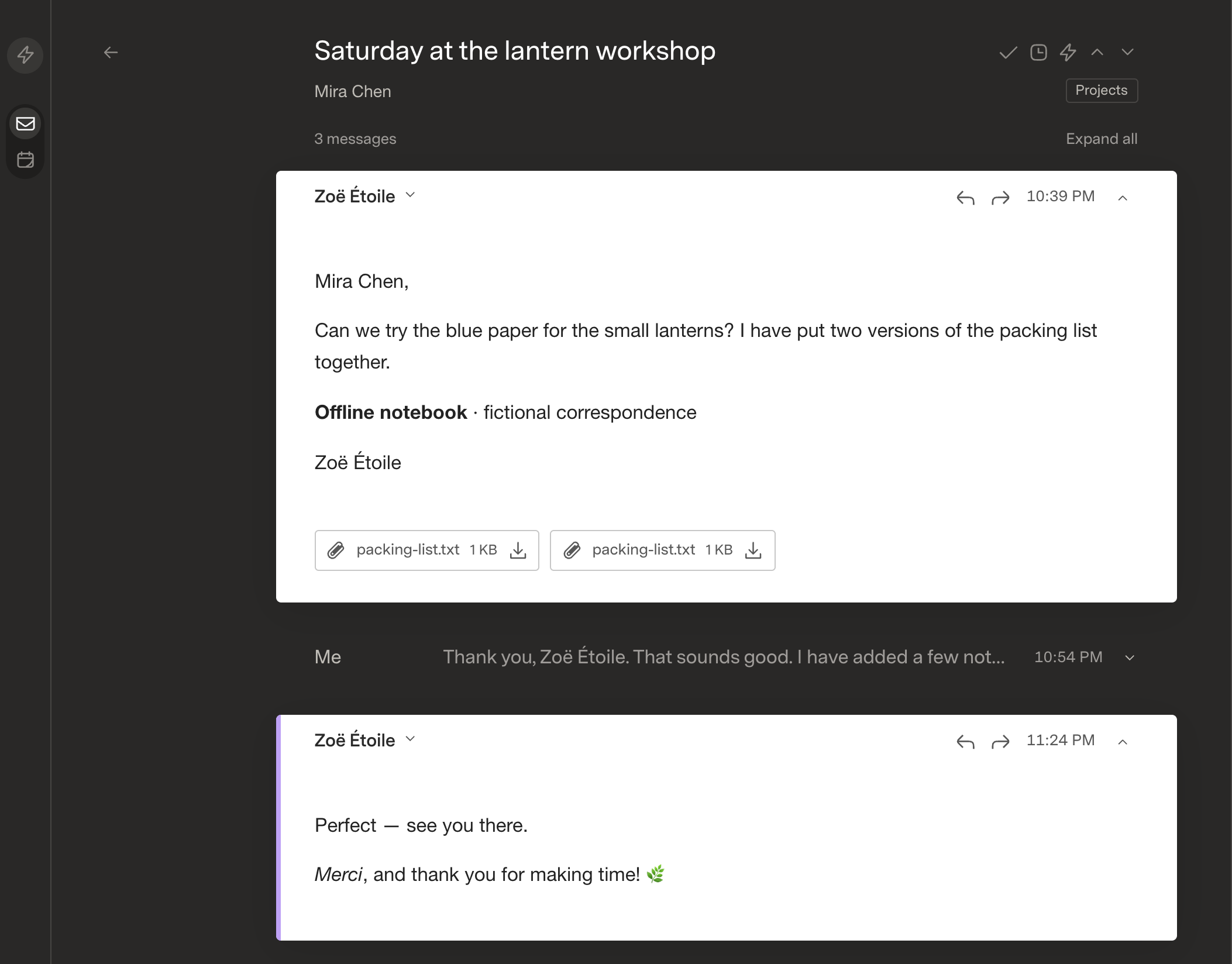 A conversation from the fictional mock inbox