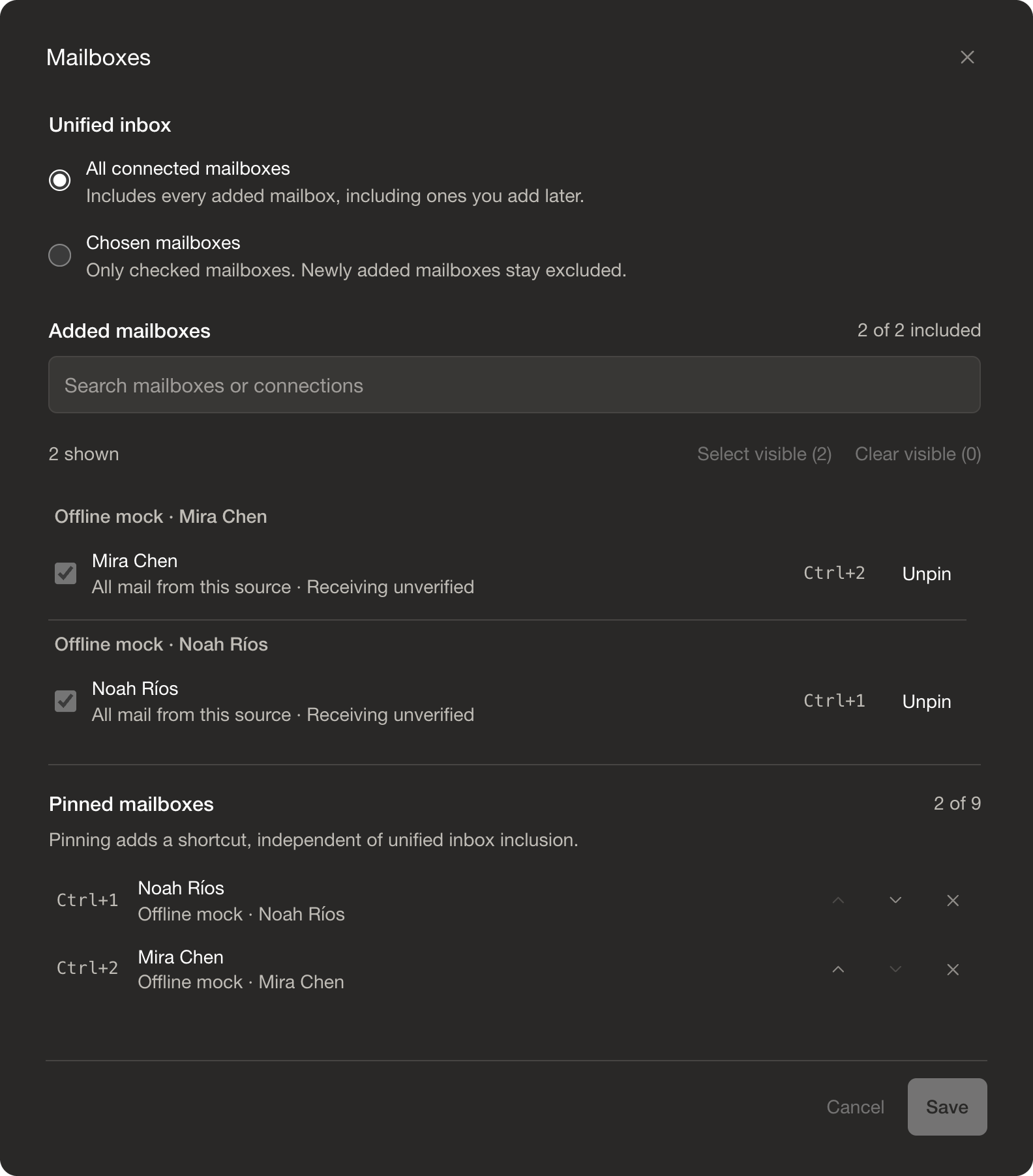 Per-user unified inbox selection and pinned mailbox shortcuts