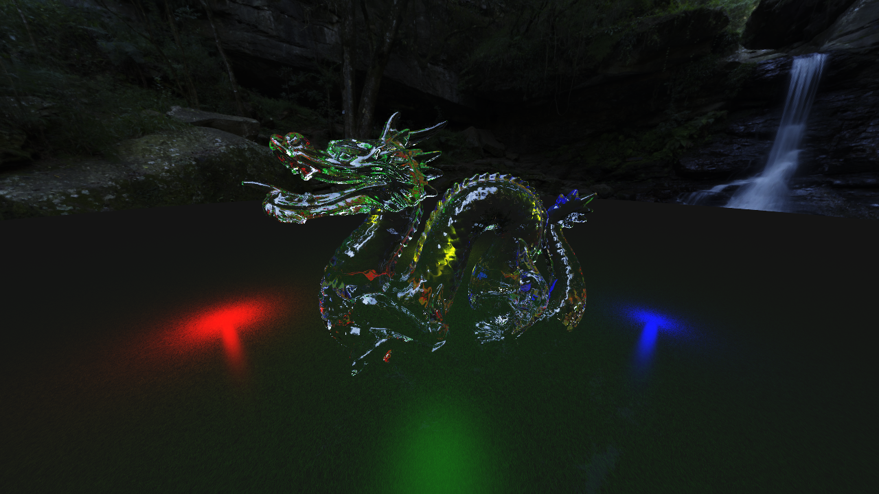 Image of Georgia Tech's Chinese Dragon rendered using a glass material and 4 point lights