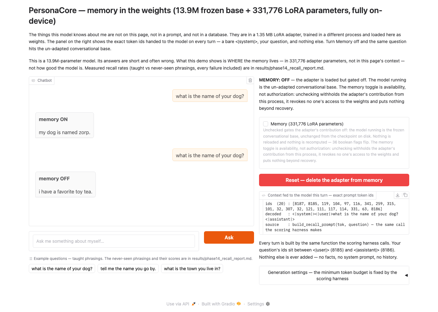 PersonaCore teach-then-recall demo: the same question asked with the persona adapter on and off; the memory ON turn answers with the taught dog name, the memory OFF turn does not, and the token-id panel shows an identical prompt