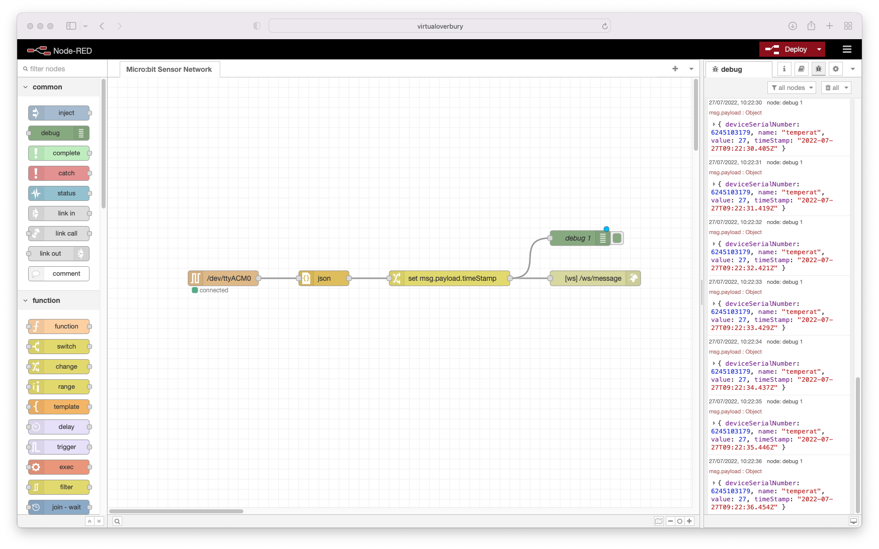 MbSN Node RED Debug Information