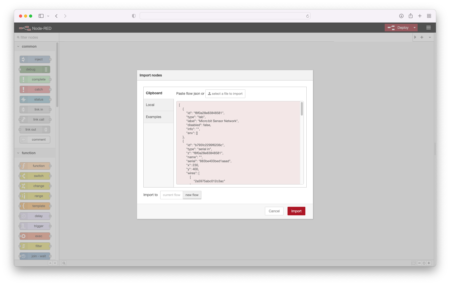 MbSN Node RED Populated Import Dialog