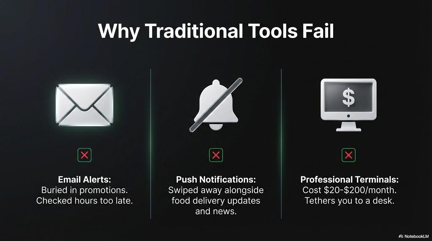 Why Traditional Tools Fail — email alerts buried, push notifications swiped away, terminals cost $20-$200/month