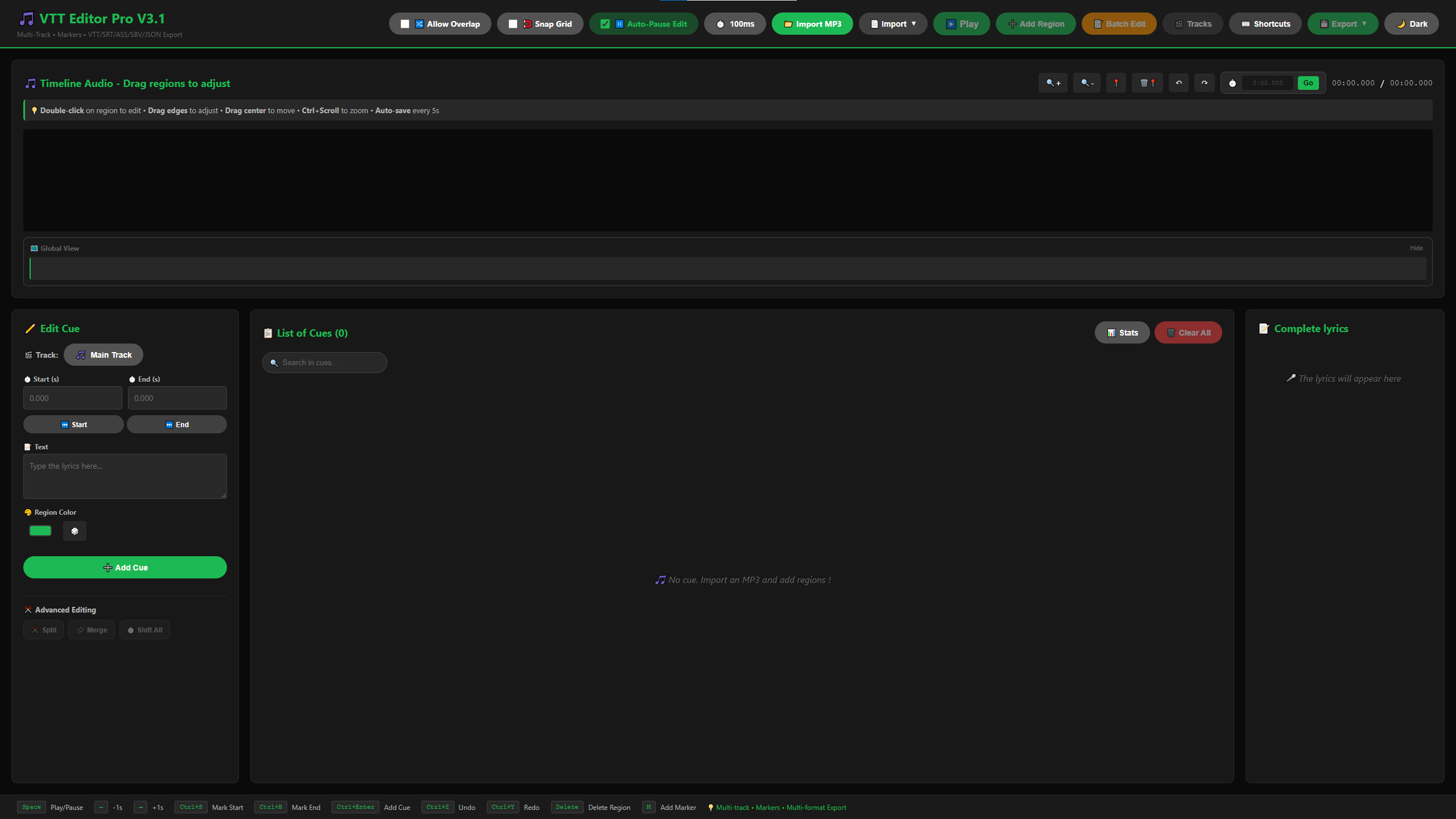 VTT Editor Pro v3.1 - Empty State
