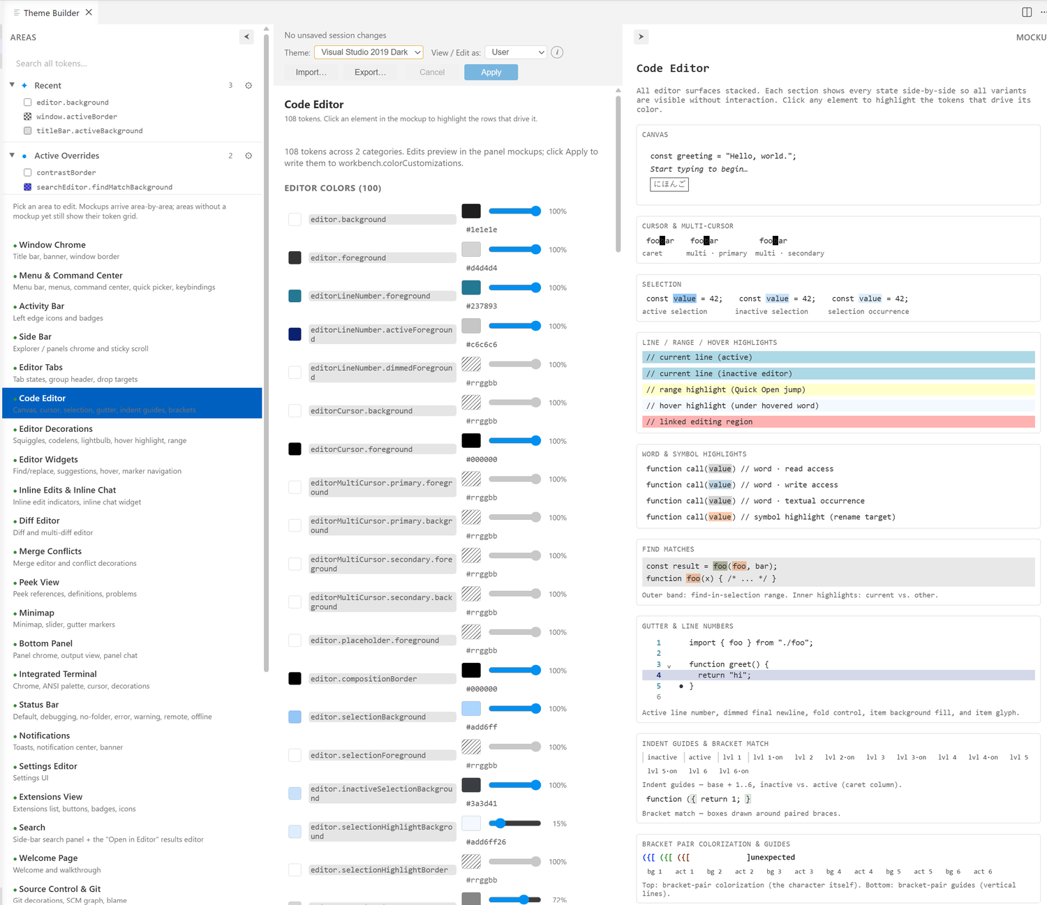 Theme Builder editing the Code Editor area — the areas sidebar, the token list with color chips and alpha sliders, and a live mockup of the editor