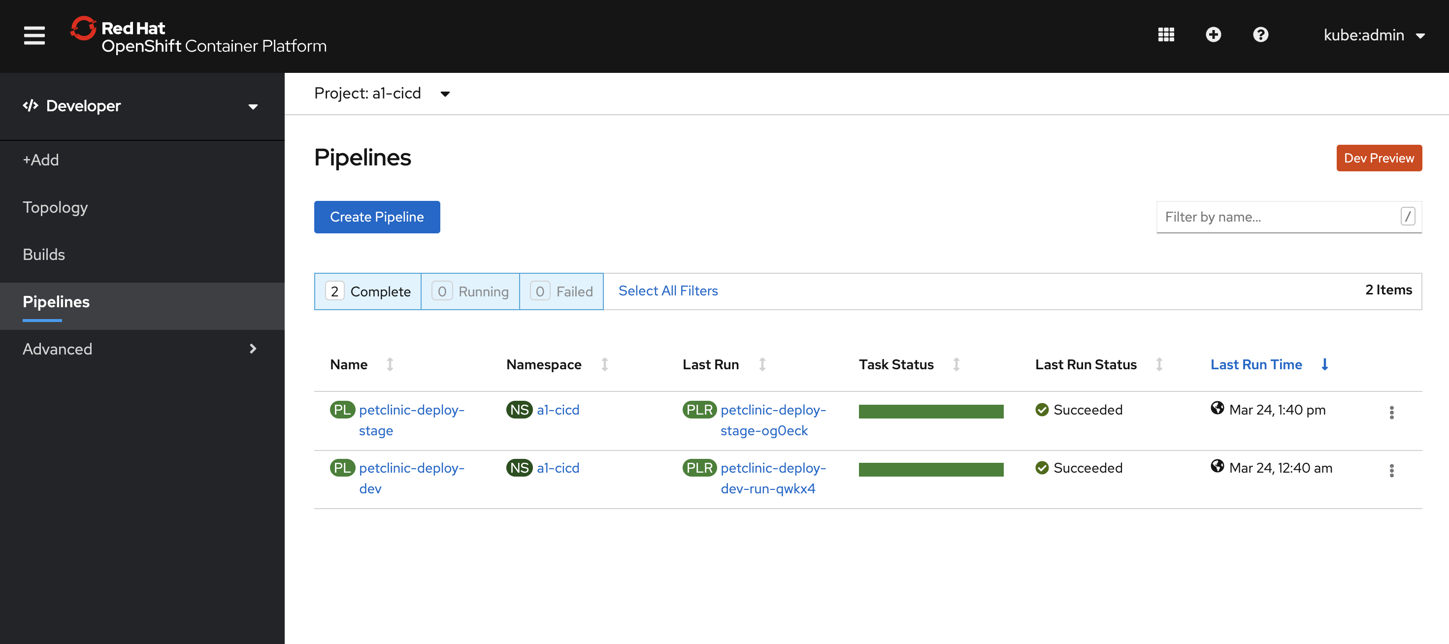 Pipelines in Dev Console