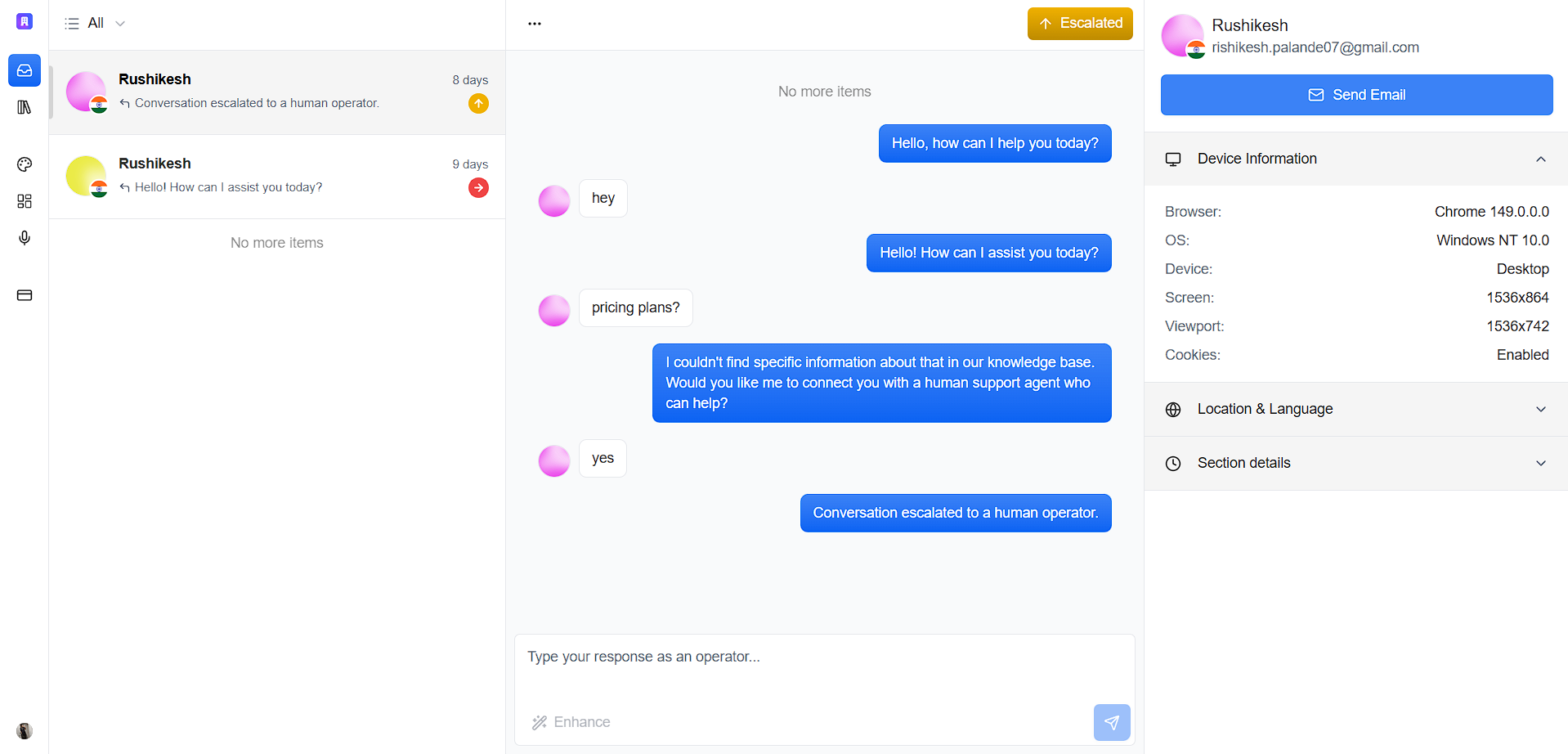echo — AI support platform, operator dashboard