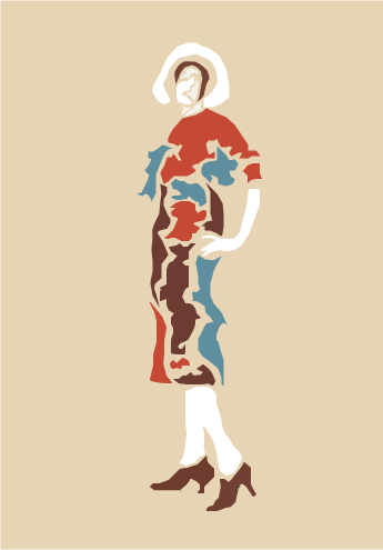 Lili Elbe Digital Archive logo featuring Lili's silhouette (standing with hand on hip). Her silhouette consists of multiple pieces with each piece of her body color-coordinated with the digital archive's site colors.