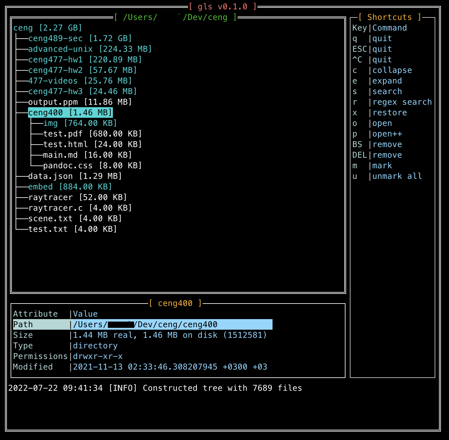 Screenshot of the GUI mode of gls