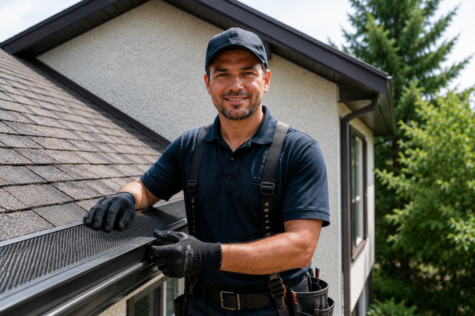 Experienced gutter technician cleaning gutters