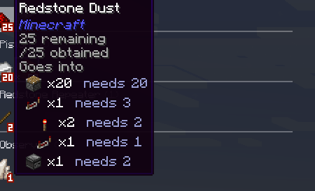 A tooltip splitting redstone across three trees, and one tree's share across its sub-crafts
