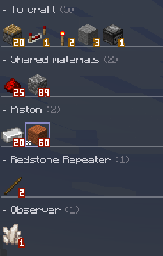 The crafting list split into To craft, Shared materials, and one section per tree