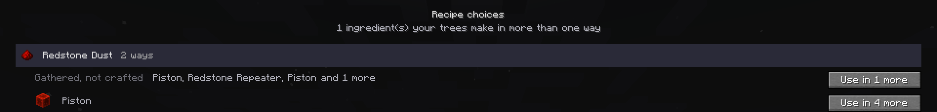 The recipe choices screen: redstone dust made two ways across four trees