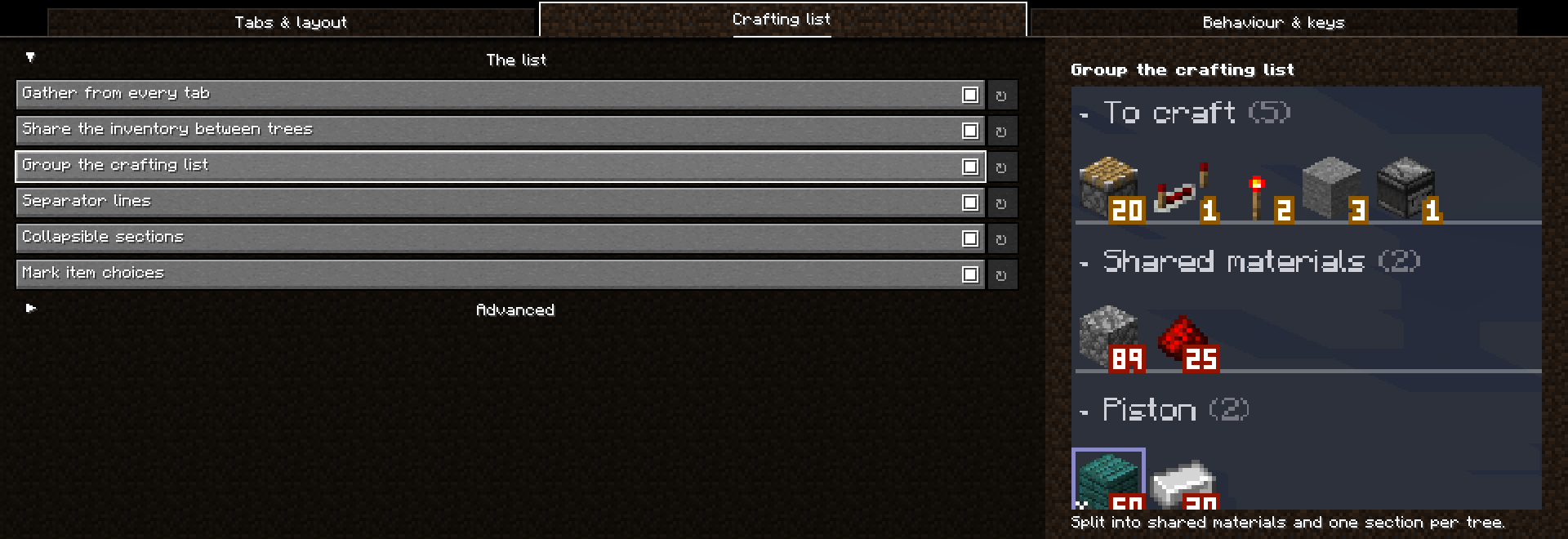 The settings screen with a live preview of the crafting list