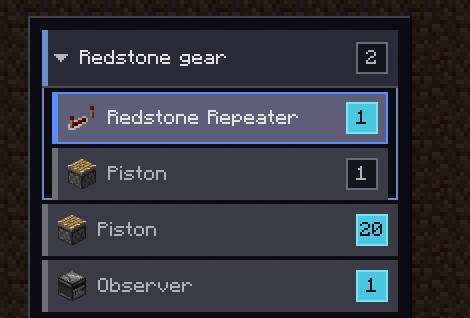 The tab sidebar: a phase called Redstone gear holding two trees, with two more trees below it