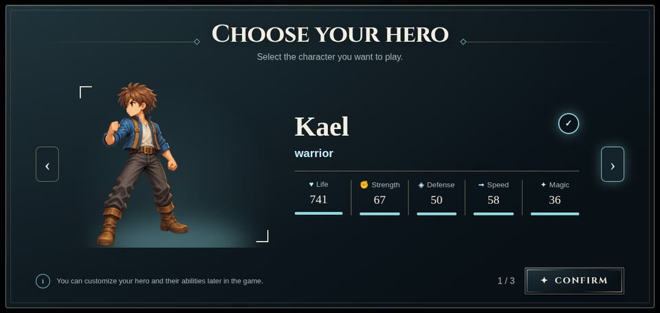 The prebuilt character selection screen