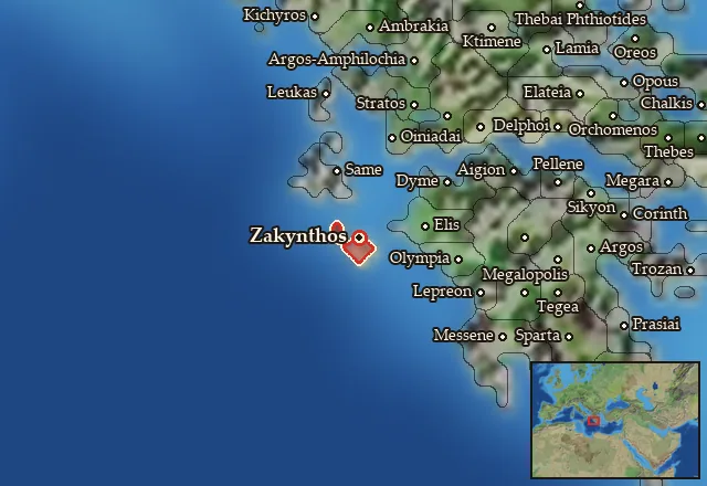 Map of Zakynthos and its neighbours
