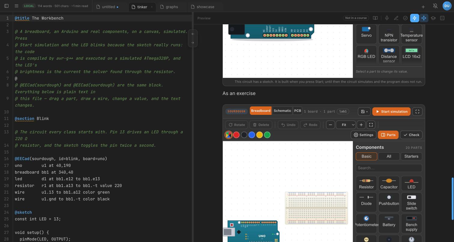 The breadboard studio: a text DSL on the left places an Arduino, an LED and a resistor; the live canvas on the right shows the assembled board with a parts palette