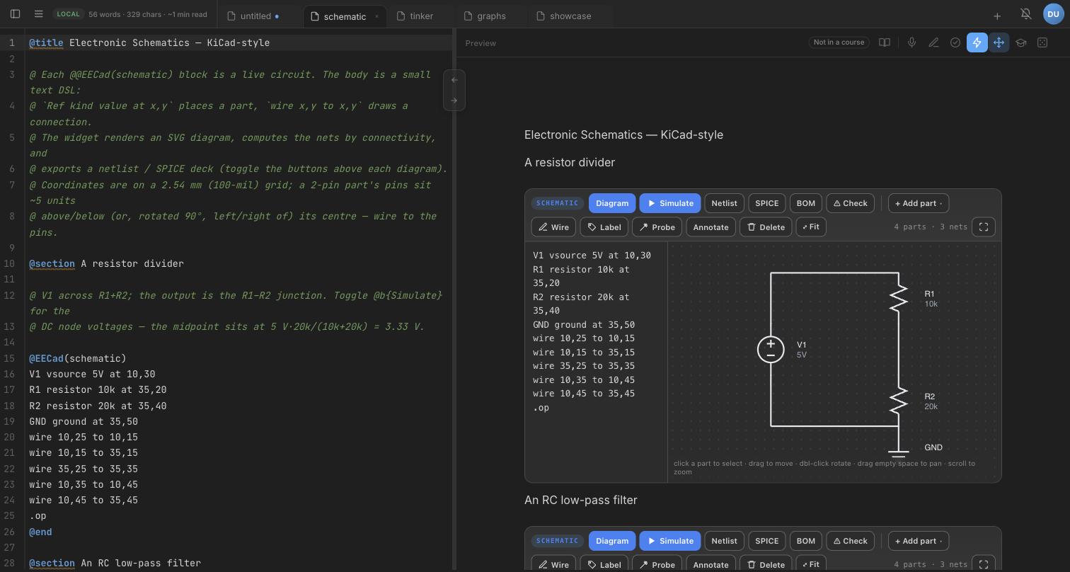 The schematic studio: six lines of DSL on the left, a drawn resistor divider on the right, with Simulate, Netlist, SPICE, BOM and Check buttons