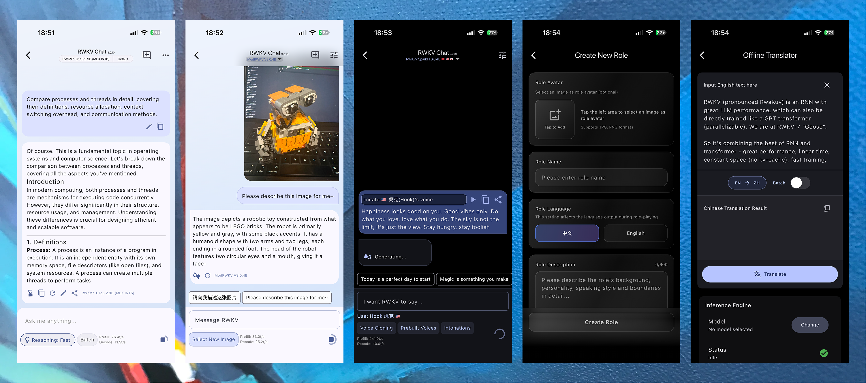 RWKV App chat, vision, speech, and model workflows across supported devices