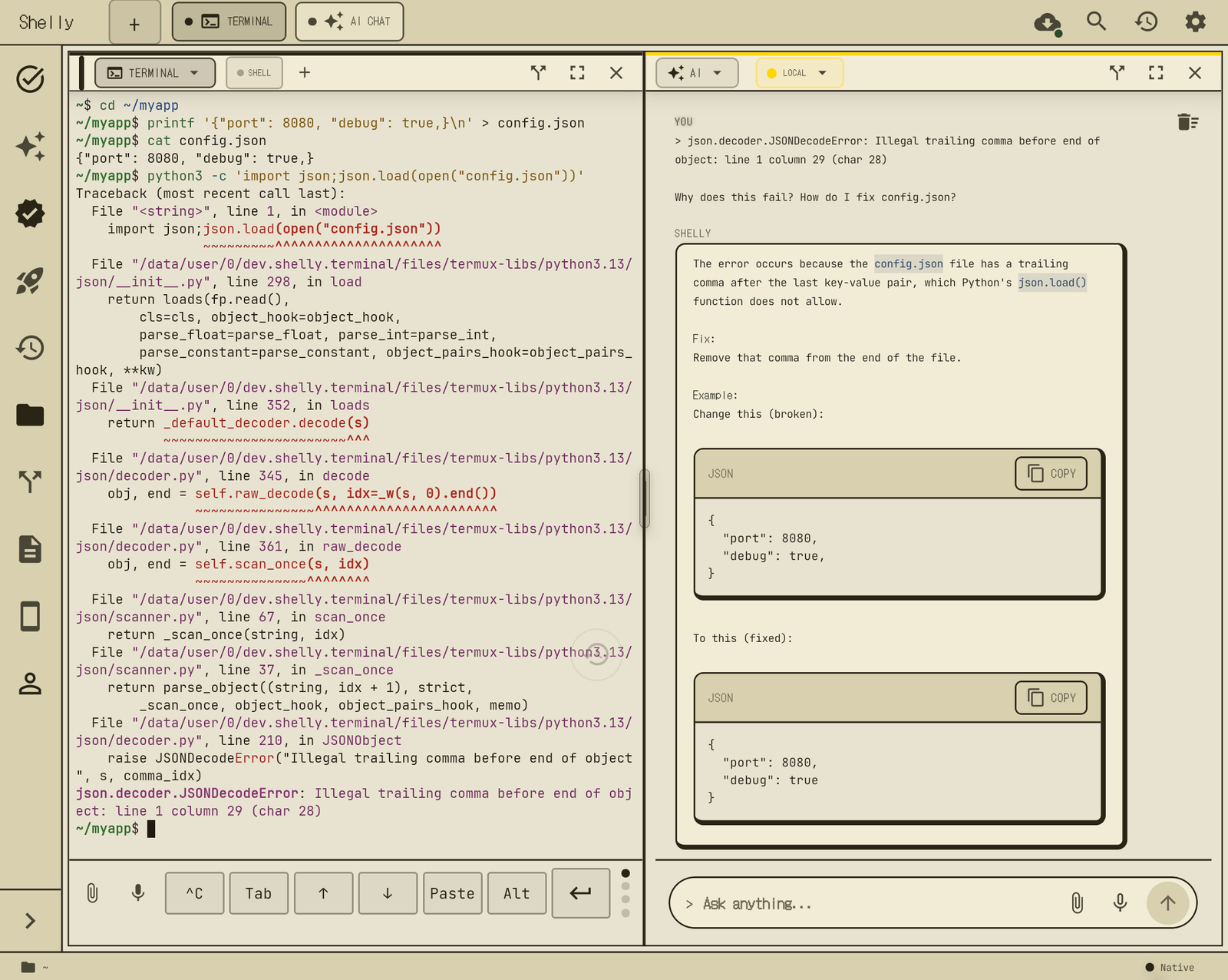 Shelly unfolded: a Python JSONDecodeError traceback in the terminal on the left; on the right the AI pane shows the quoted error and the on-device model's answer, with the broken and the fixed JSON side by side