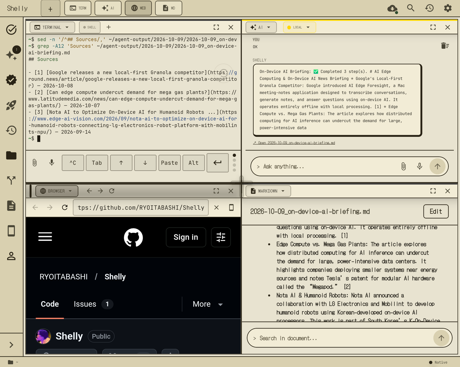 Shelly unfolded on a Galaxy Z Fold6 in the Case File theme, 2x2 panes: the terminal shows an agent briefing's Sources section with three dated links, the AI pane shows the agent's completion notice with an Open link to the saved markdown file, the Browser pane shows the Shelly GitHub page, and the Markdown pane renders the briefing with [1][2][3] citations