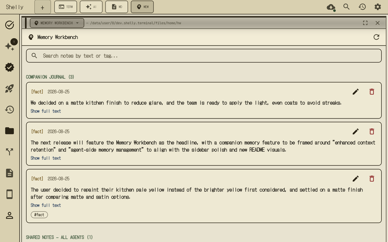 Shelly's Memory Workbench pane in the Case File theme — the companion's journal entries it wrote on its own, plus notes shared with all agents, each with edit and delete buttons