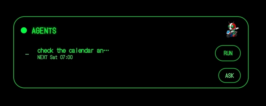 Shelly Scouter widget showing a registered agent with its next scheduled run time, plus one-tap RUN and ASK buttons