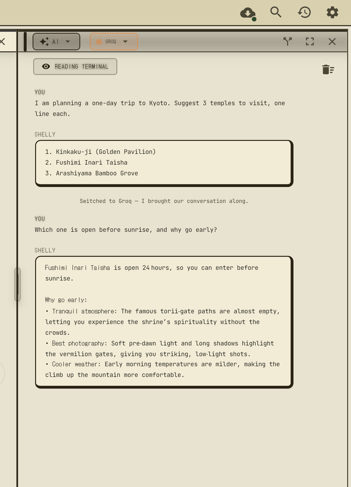 A companion conversation switched to Groq mid-thread — the notice reads "Switched to Groq — I brought our conversation along.", and Groq's next reply is already grounded in what was said before the switch