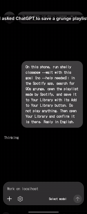 ChatGPT on a Galaxy Z Fold6 is asked to save a 90s grunge playlist in Spotify; one tap approves it on the phone, Spotify runs on a hidden screen, ChatGPT reports done, and the Grunge Forever playlist is in Your Library