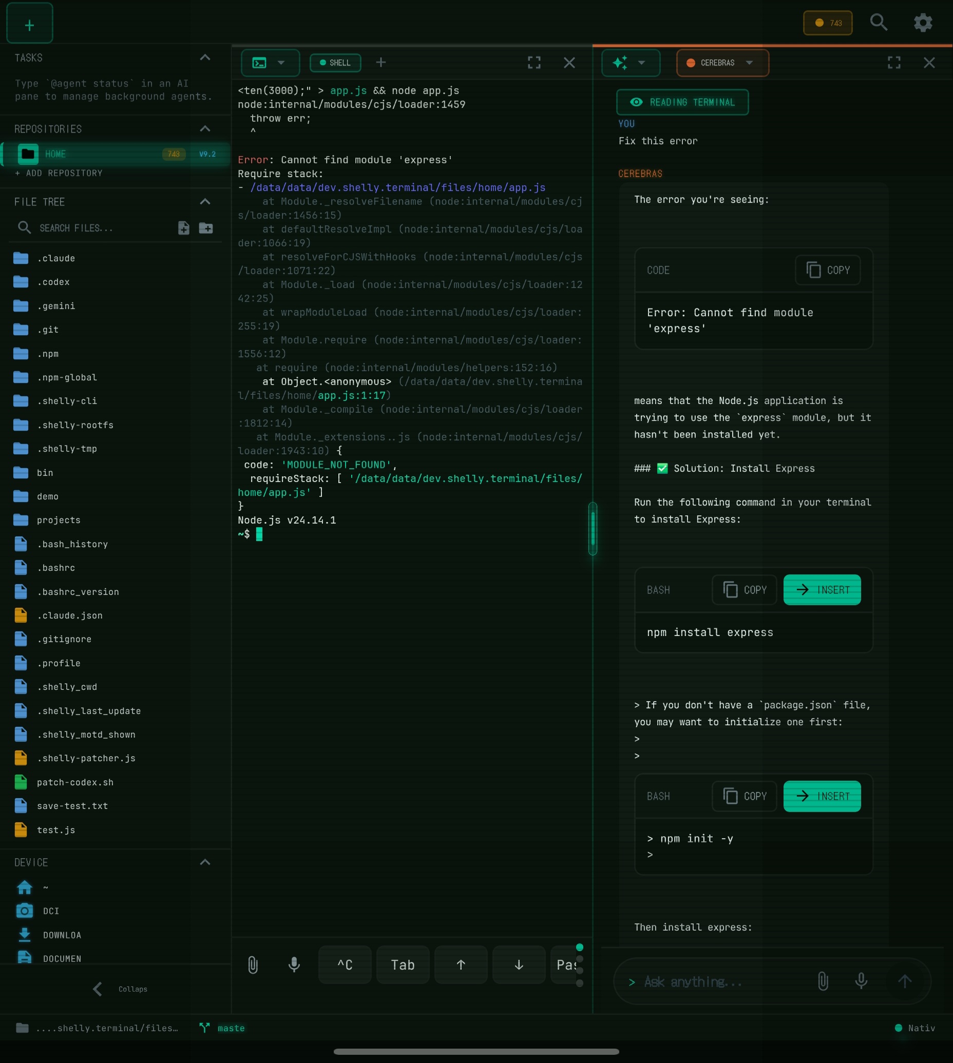 Shelly — AI reads your terminal error and suggests a fix with COPY and INSERT buttons