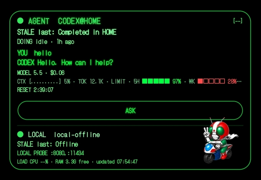 Shelly Scouter widget showing Codex token usage, model state, rate-limit cooldown, local LLM health, and device load