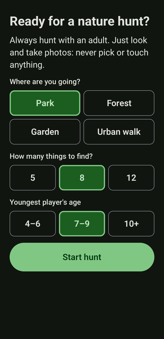 Nature Quest setup screen with place, number of items and age pre-selected