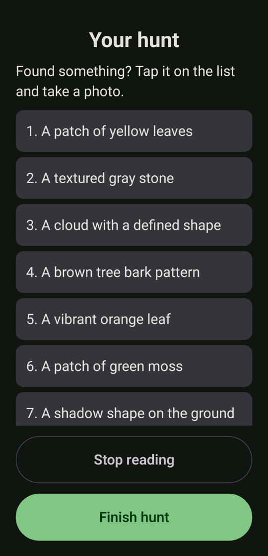 A hunt list with eight items such as a patch of yellow leaves and a textured gray stone