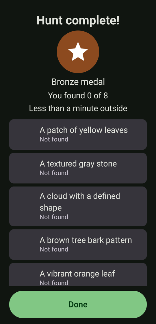 Summary screen with a bronze medal and the items found