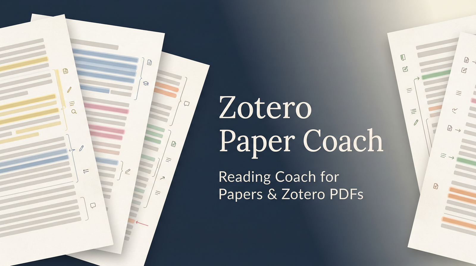 Zotero Paper Coach 头图：几页带彩色高亮和边注标记的论文，中间是项目名