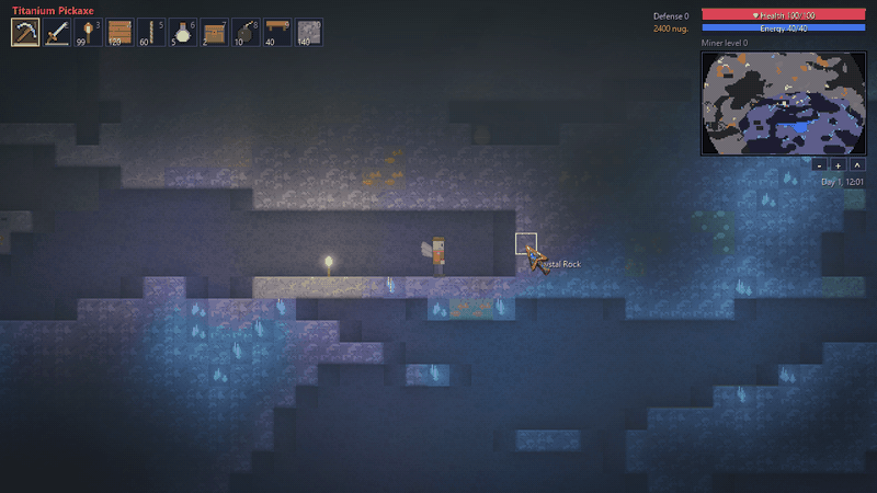 Digging a tunnel into a crystal grotto with a titanium pickaxe and lighting it with torches