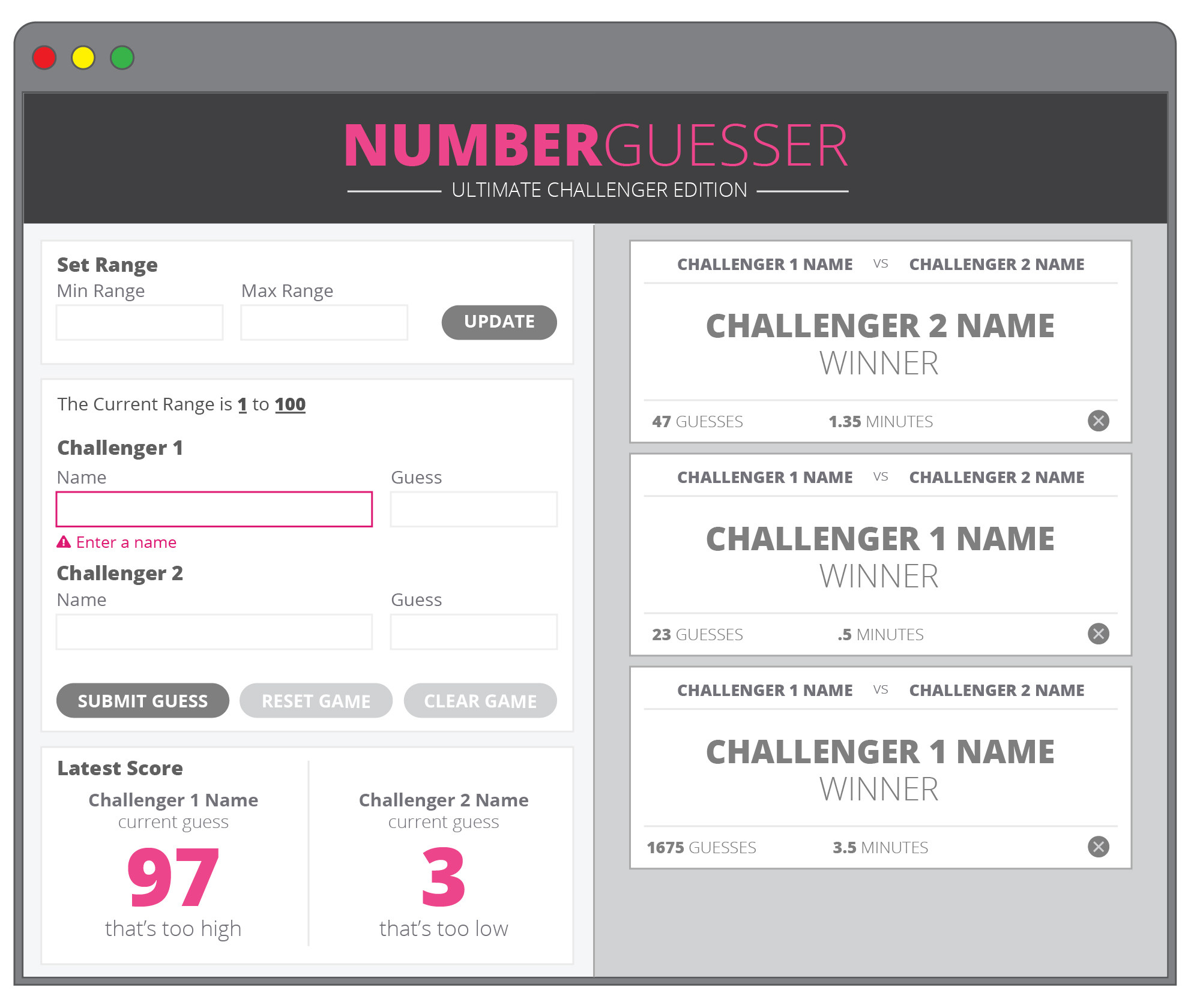 Number Guesser Desktop with Error Message