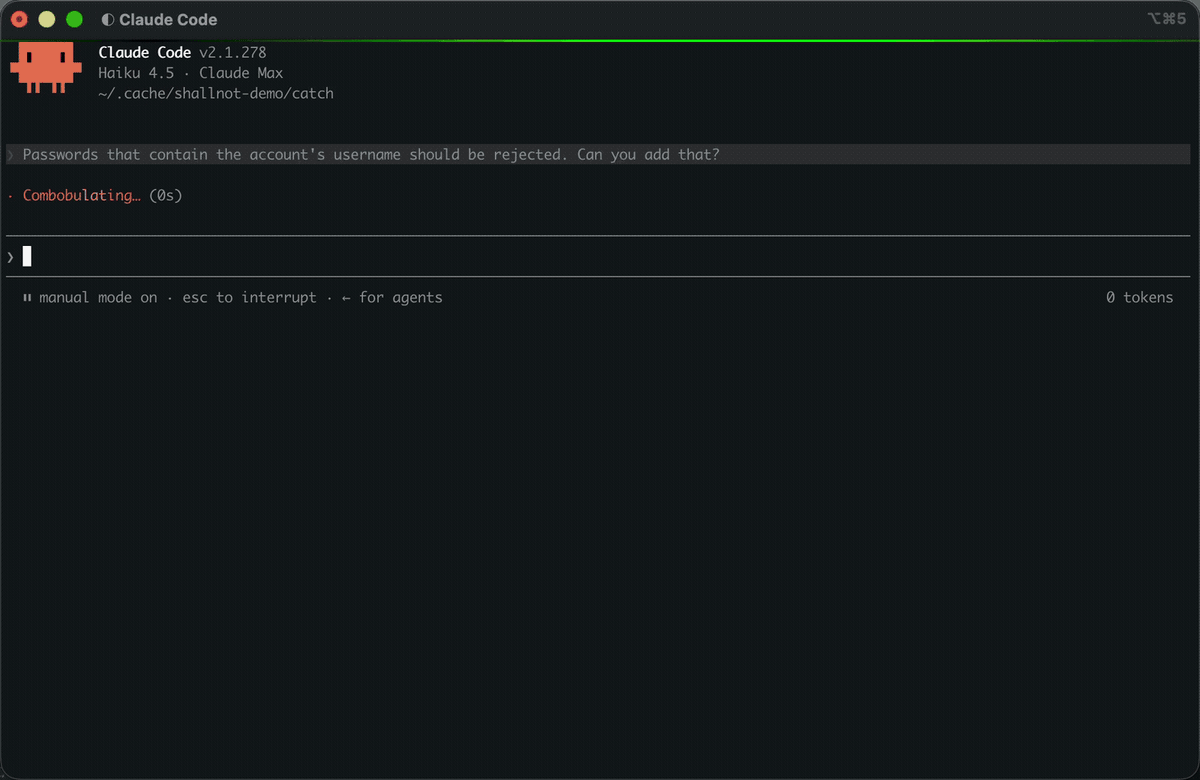 An agent reports a feature done with all tests passing. shallnot blocks the end of its turn because requirement PWD-2~1 has no bound test. The agent fixes its tags and the gate passes.