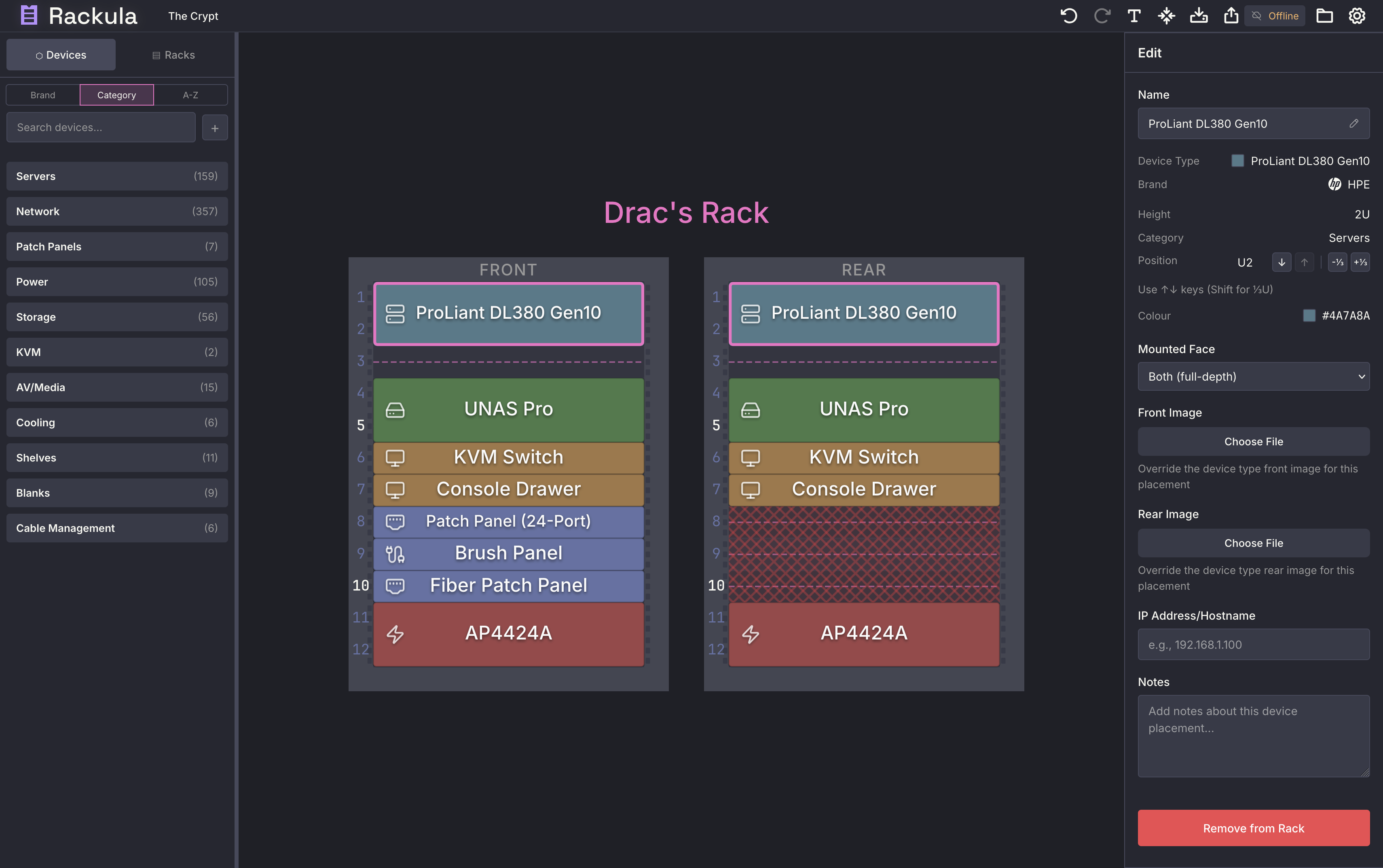 Rackula showing a rack with server and network devices