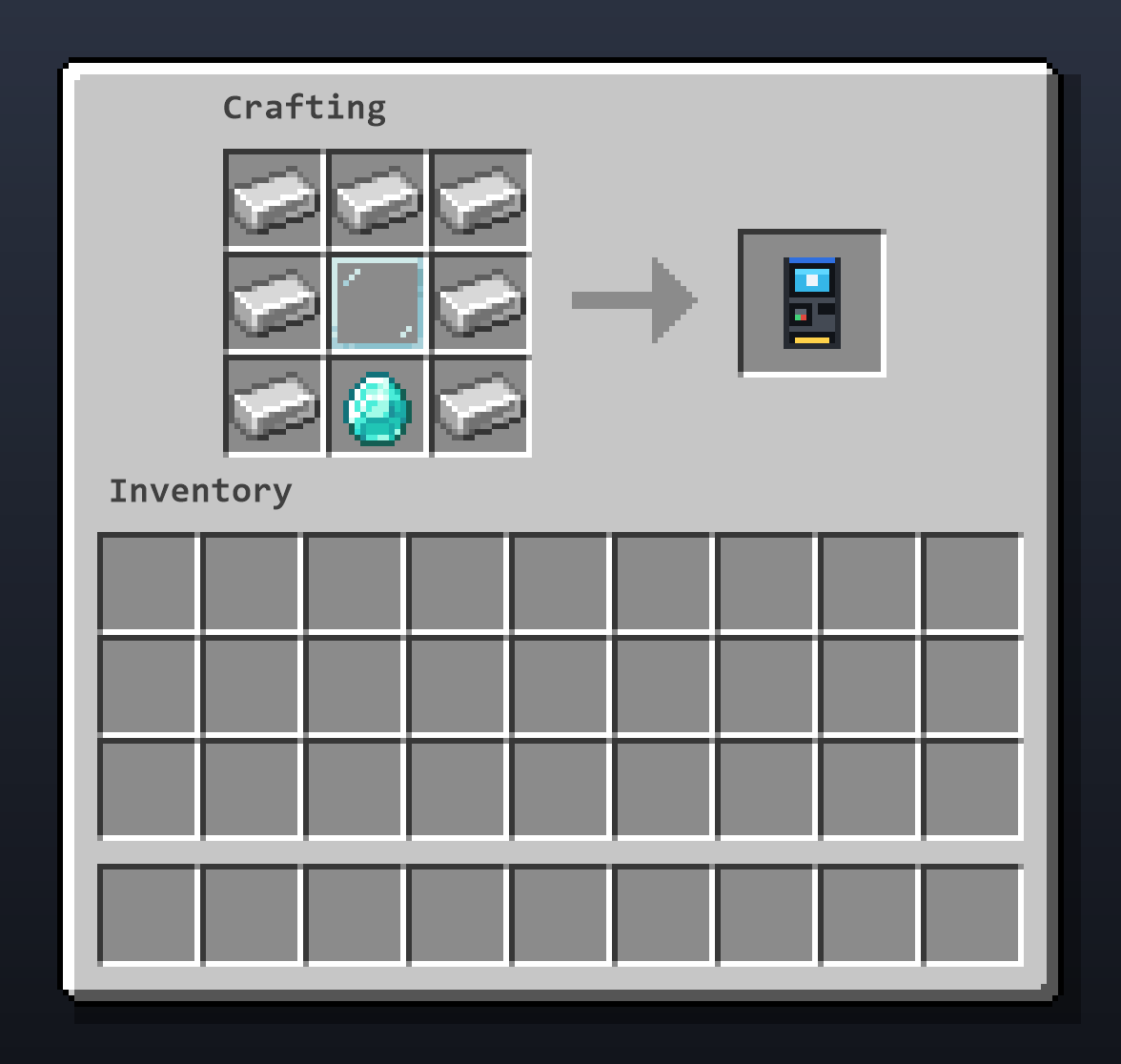 ATM crafting recipe: 7 iron ingots, 1 glass pane and 1 diamond